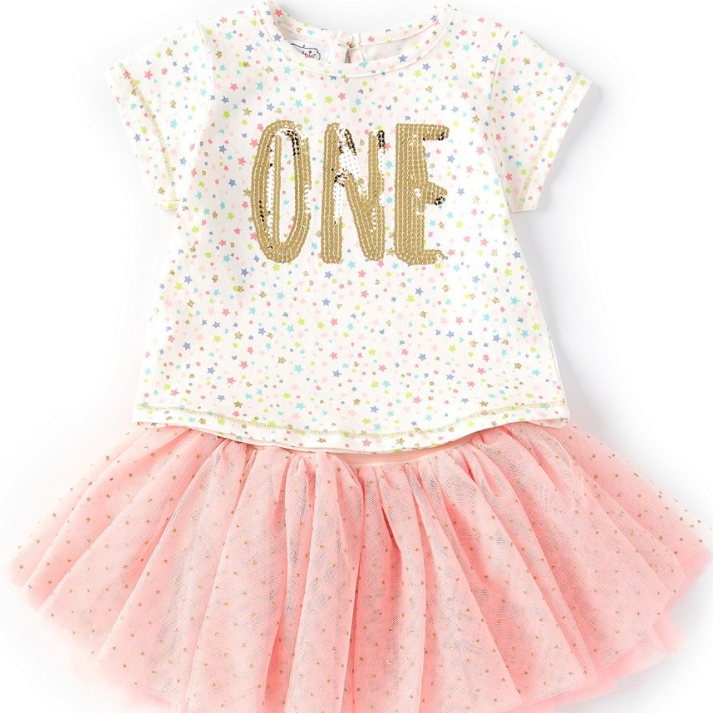 Baby Girls 12-18 Months Short-Sleeve First Birthday Dotted Tee & Sequin Tutu Set